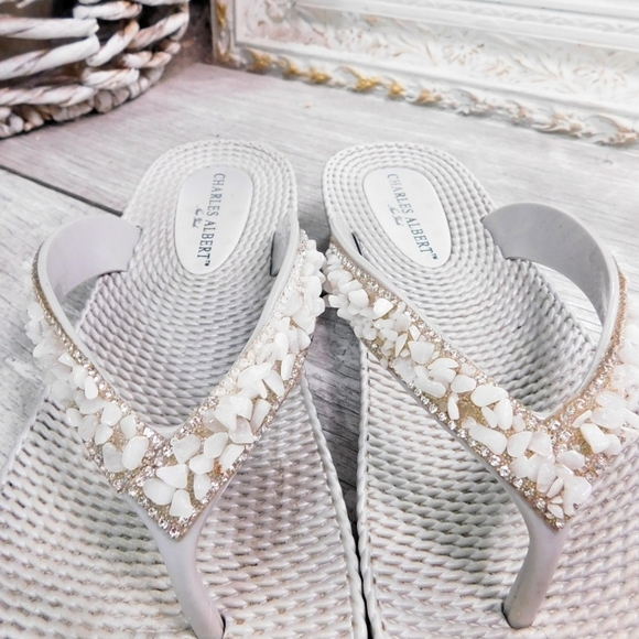CHARLES ALBERT GRAY TAUPE BEADED & JEWELED SLIDES - Picture 4 of 5